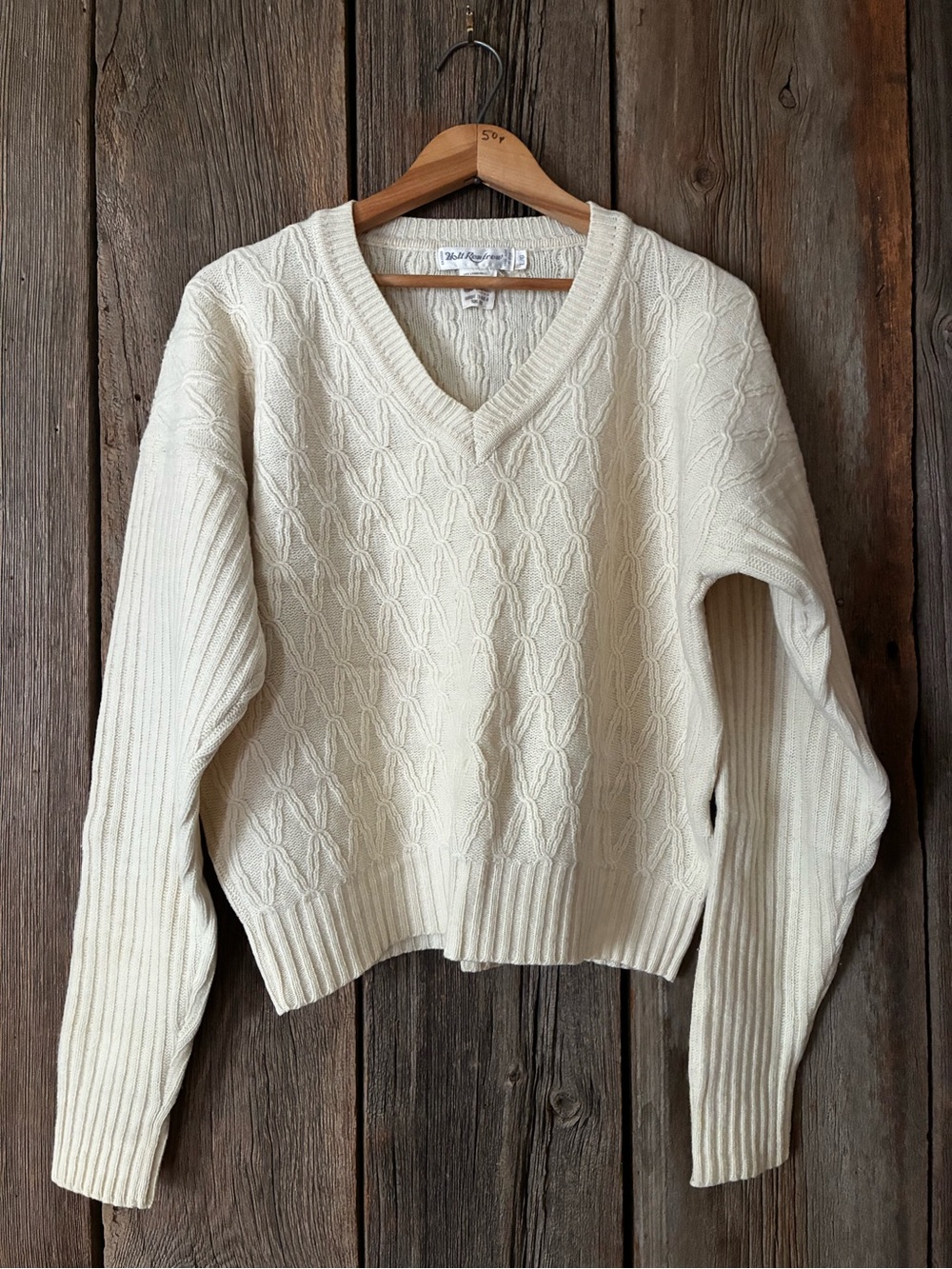 Vintage Lambswool Cream Classic V-Neck Cable Knit Sweater, L